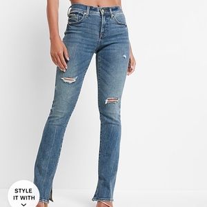 Express Denim Ripped Destroyed Blue Jeans Skyscraper Mid Rise Medium Wash Sz 2
